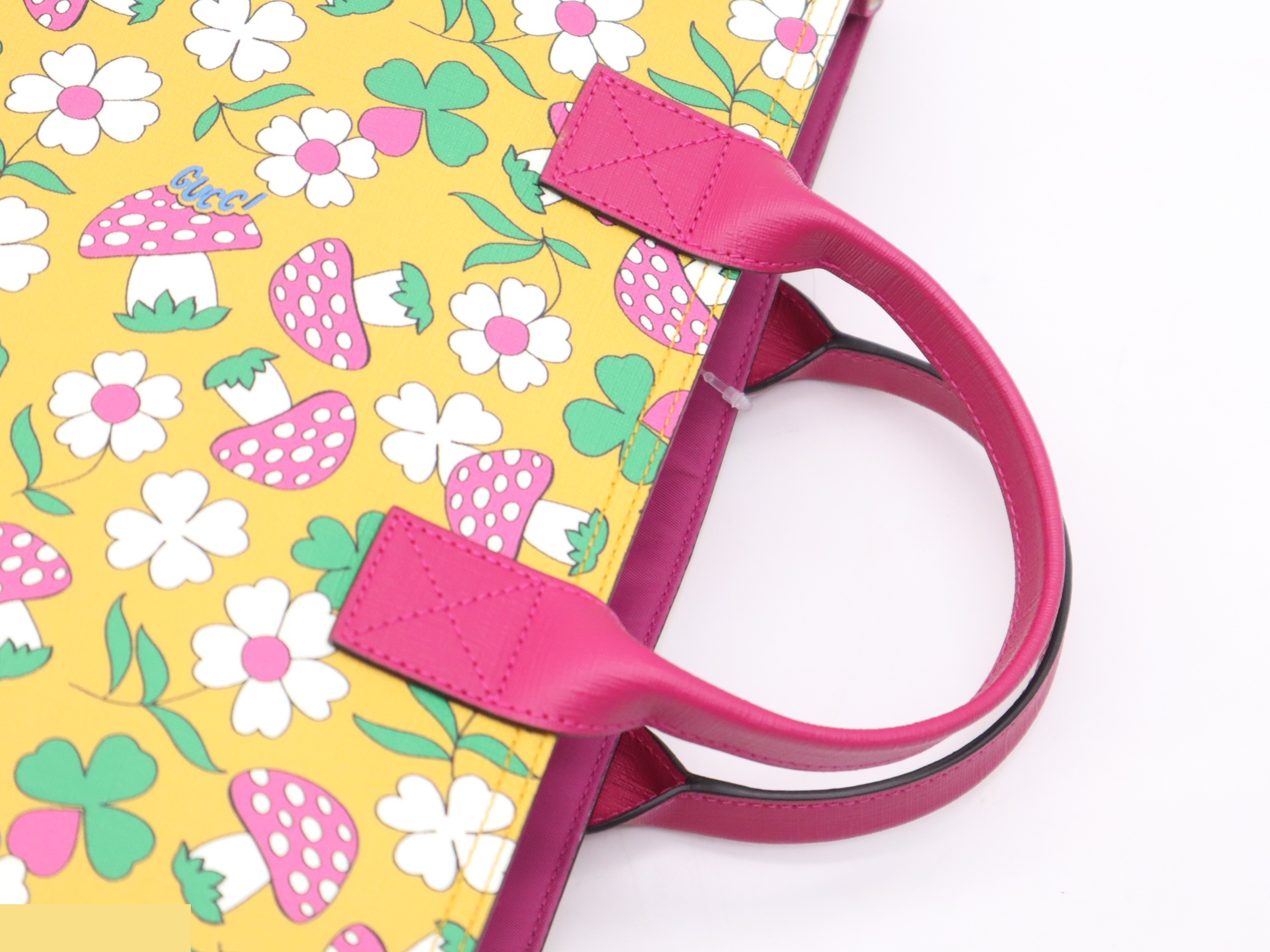 Children's handbag, pink and yellow, floral and mushroom pattern, with dust bag. — view 6