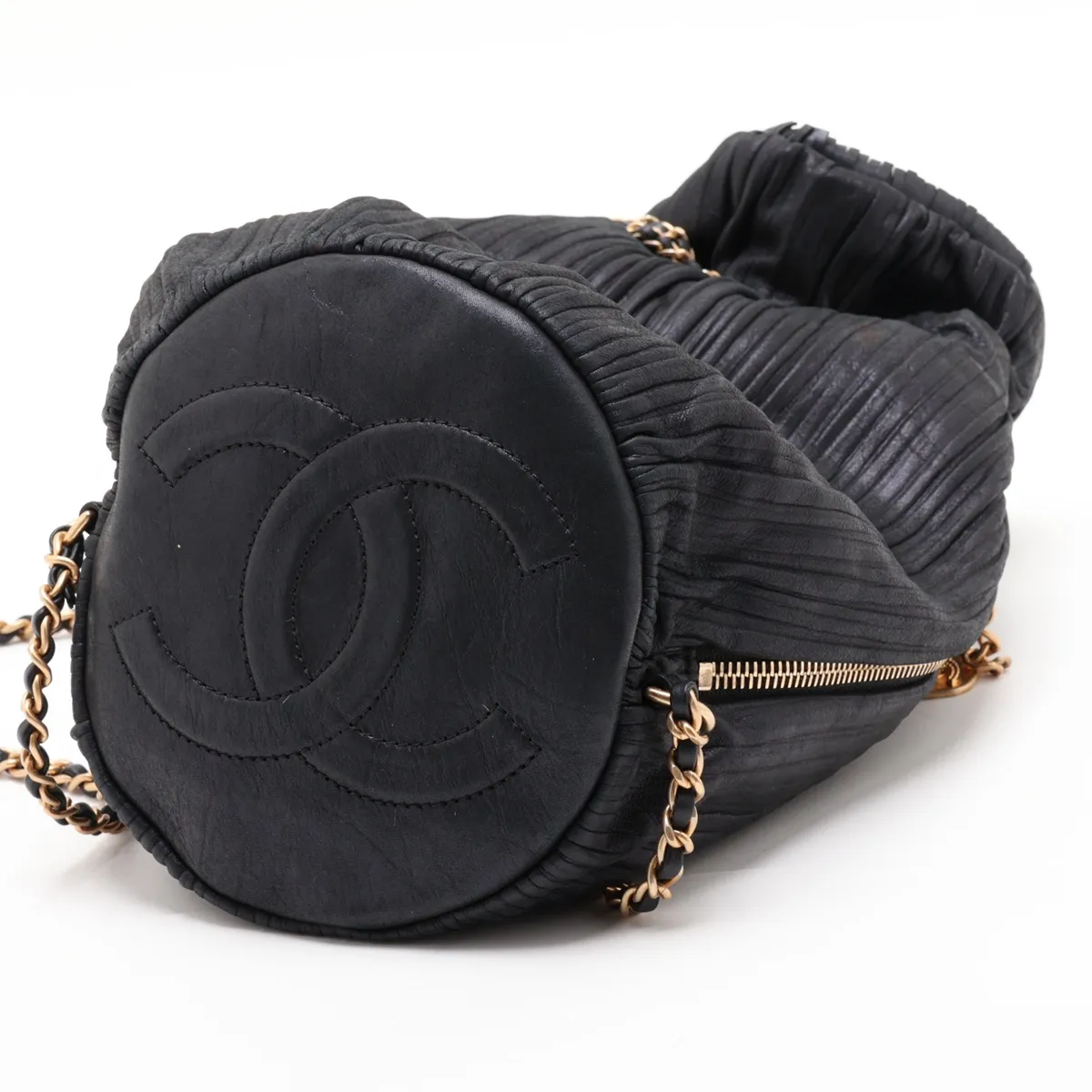Coco Mark Sparkle Leather Chain Shoulder Bag, Drawstring, Fringe, Black, Gold Hardware, 24889617, Series 2 — view 3
