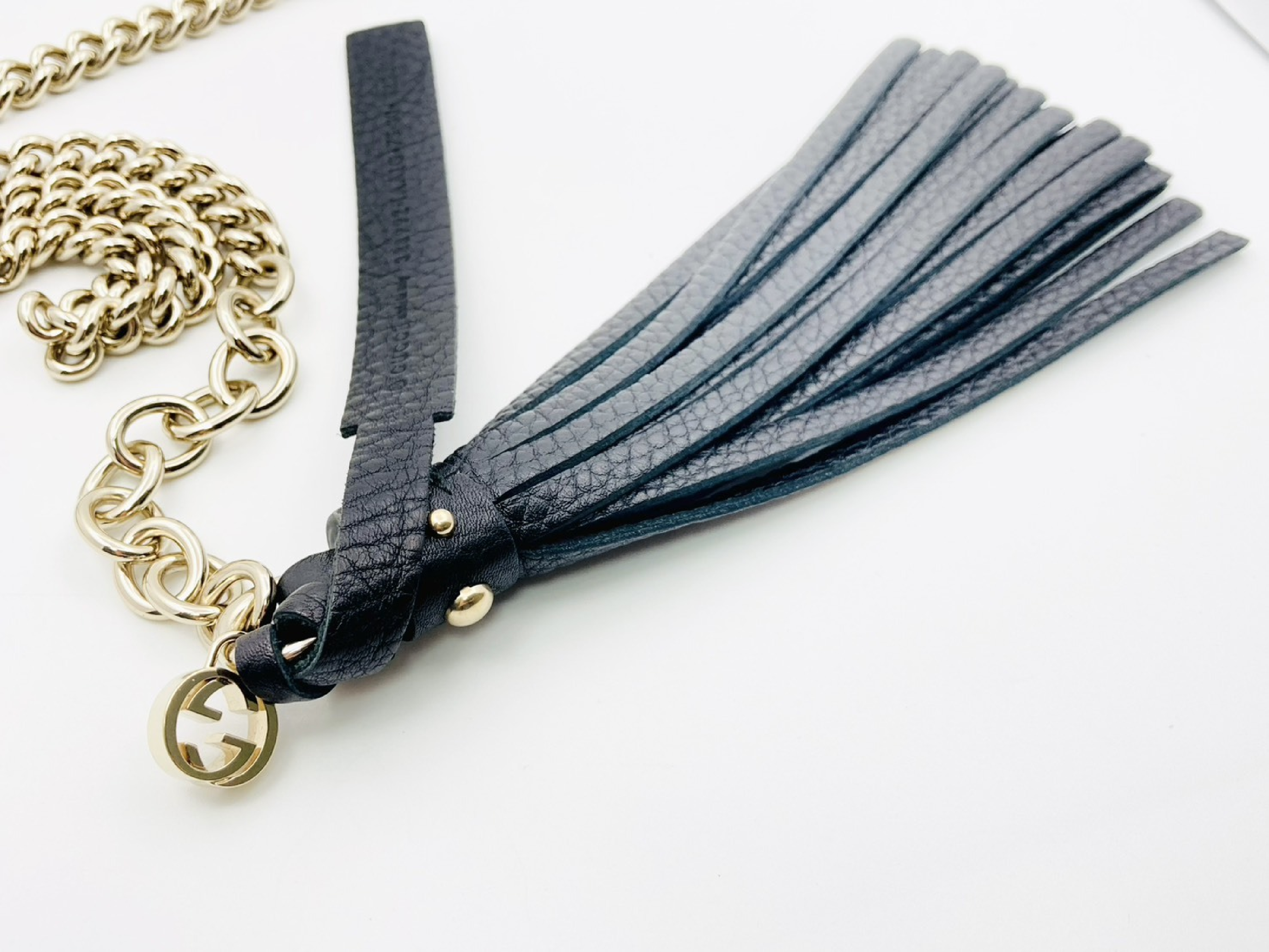 388992 Interlocking G Fringe Tassel Leather Chain Belt 75/30 Black Belt — view 2