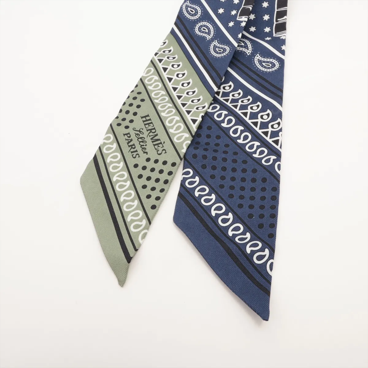 Twilly Eperon d'Or Cut Scarf, Silk, Blue x Green. Shows wear, — view 2