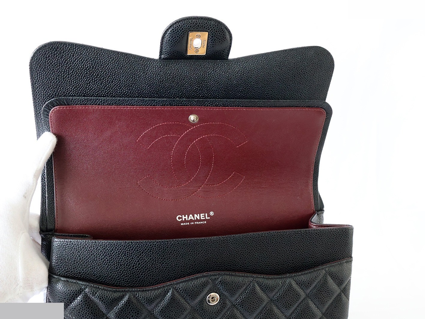 Caviar Skin Large Matelassé 30 Double Flap Double Chain Shoulder Bag, Black — view 11