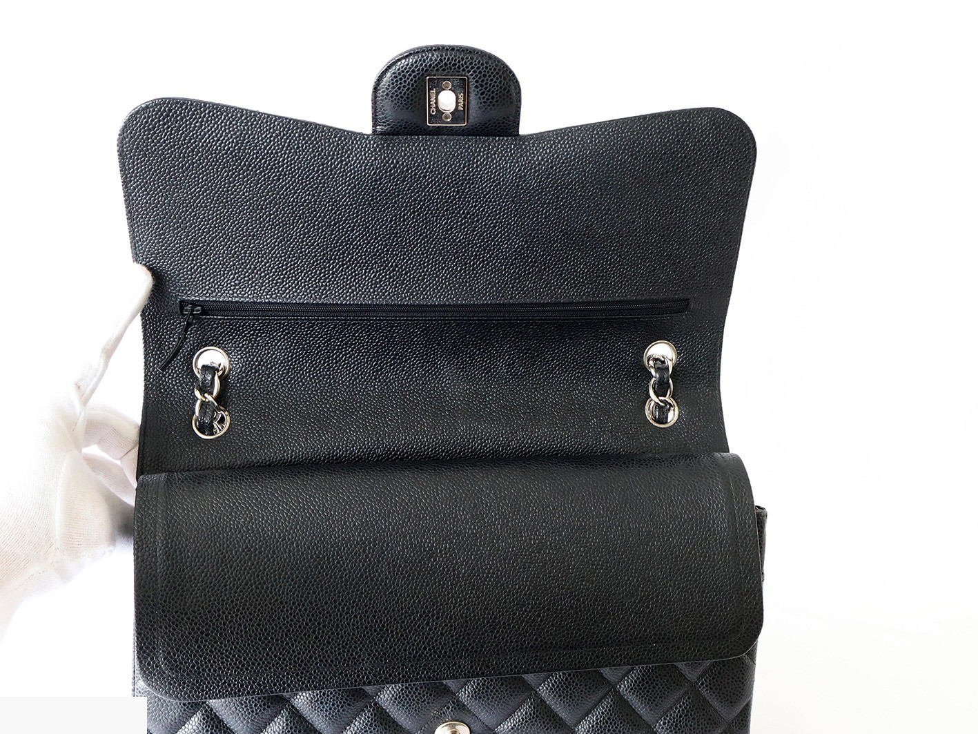 Caviar Skin Large Matelassé 30 Double Flap Double Chain Shoulder Bag, Black — view 10