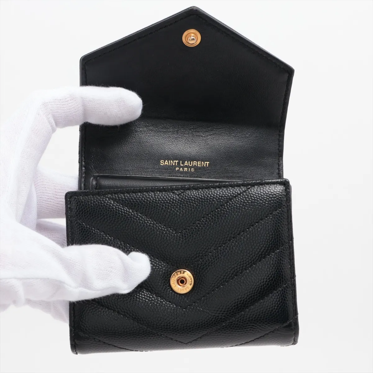 V Stitch YSL Logo GNC692061 Leather Compact Wallet Black — view 3