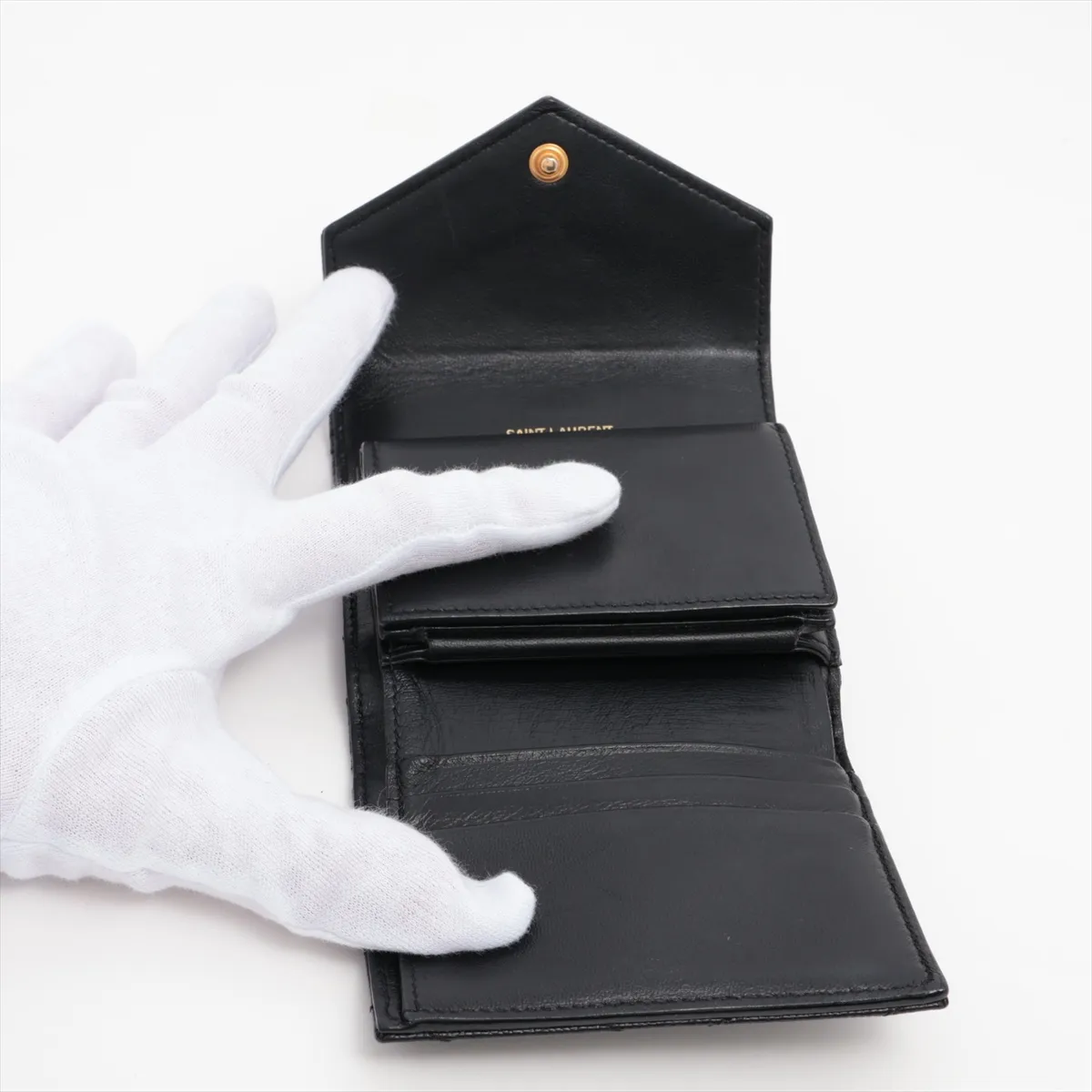 V Stitch YSL Logo GNC692061 Leather Compact Wallet Black — view 5