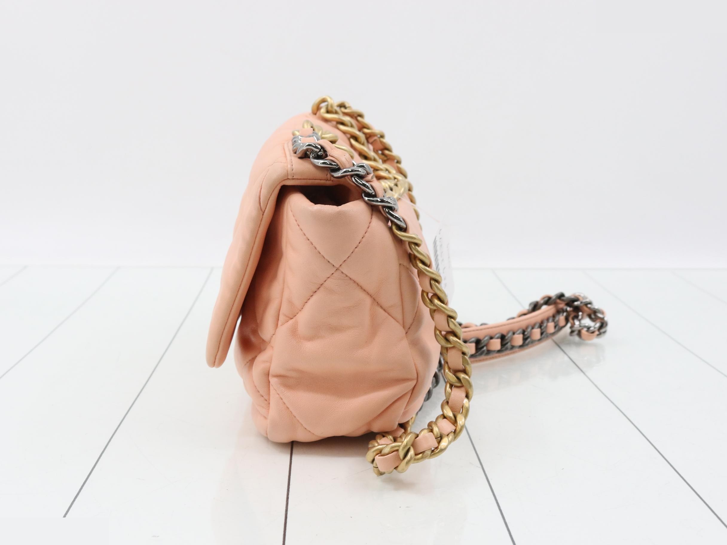 Lambskin Chanel 19 Chain Shoulder Bag, Pink, Gold and Silver Hardware — view 3