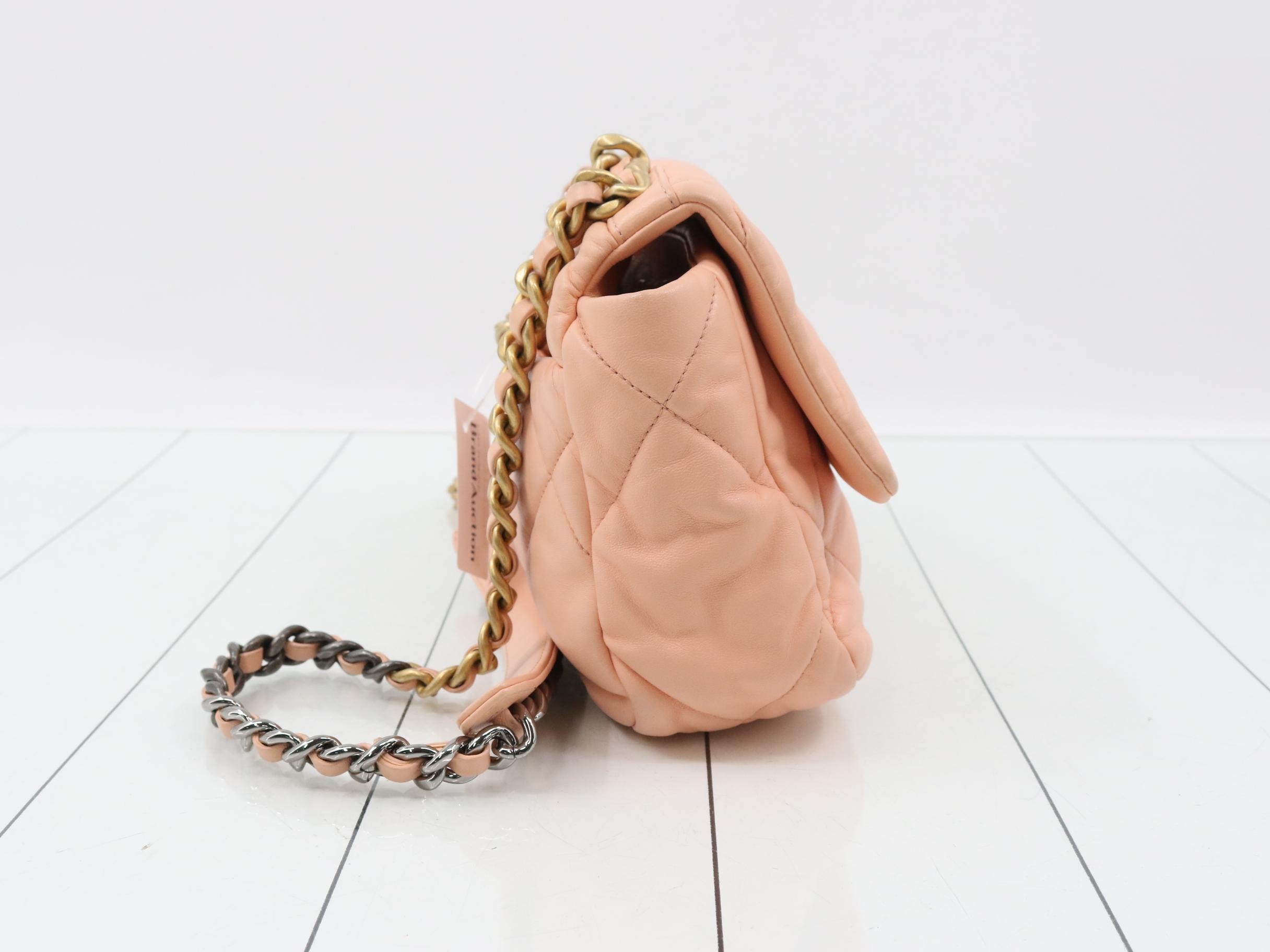 Lambskin Chanel 19 Chain Shoulder Bag, Pink, Gold and Silver Hardware — view 4