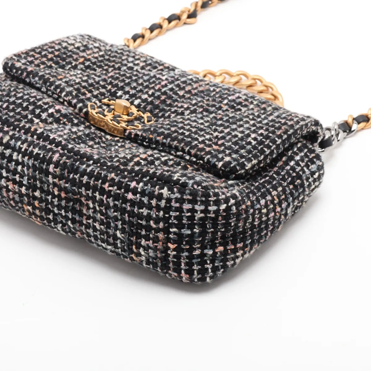 19 Tweed x Leather Chain Shoulder Bag Navy Gold Hardware GXLT558C Random Plate AS1160 — view 3