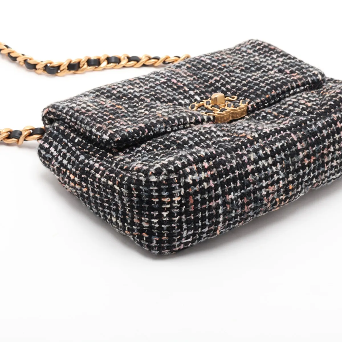 19 Tweed x Leather Chain Shoulder Bag Navy Gold Hardware GXLT558C Random Plate AS1160 — view 4