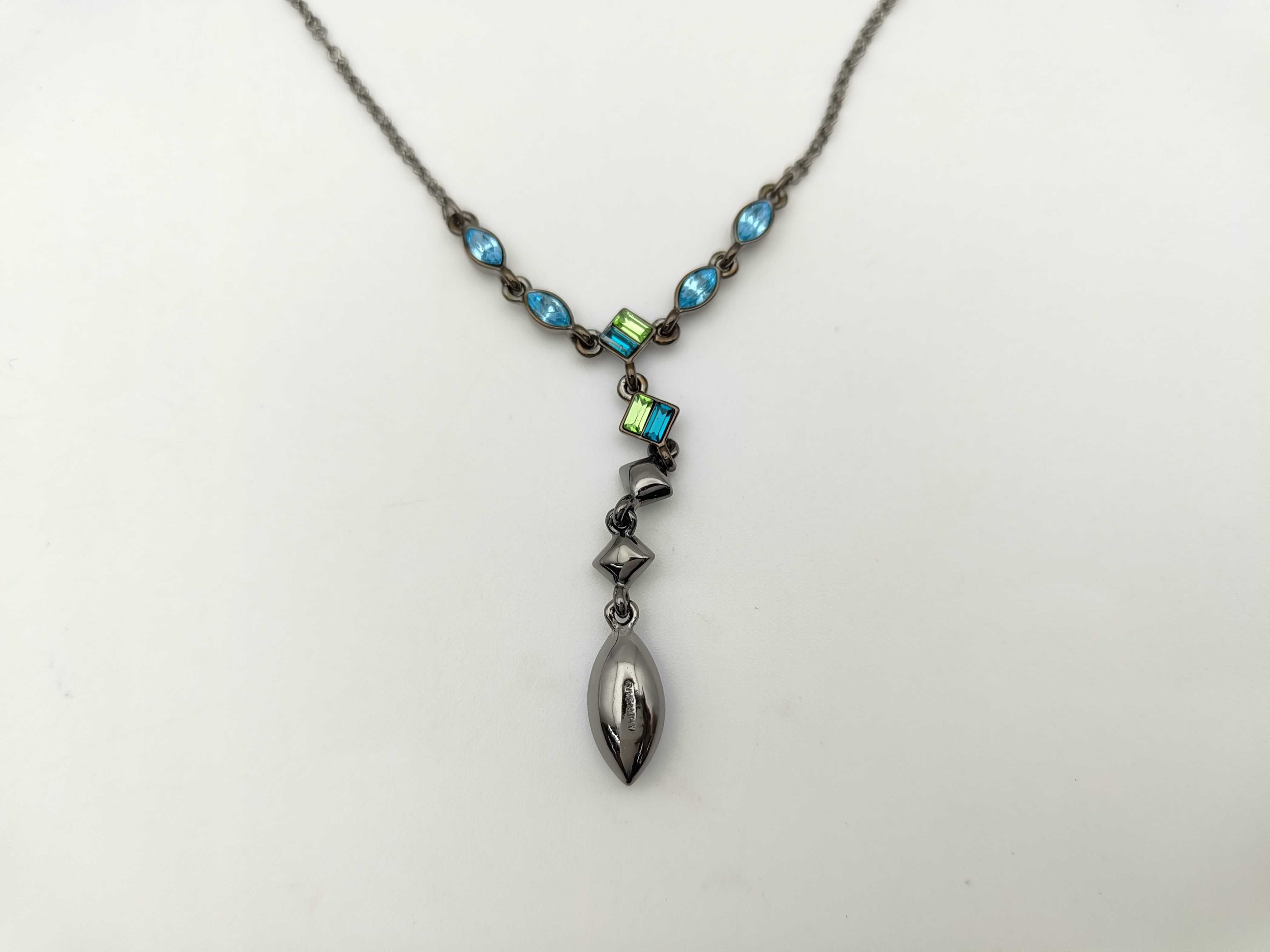 Y-shaped drop necklace with blue and green stones in gunmetal, dark silver, and black silver. — view 2