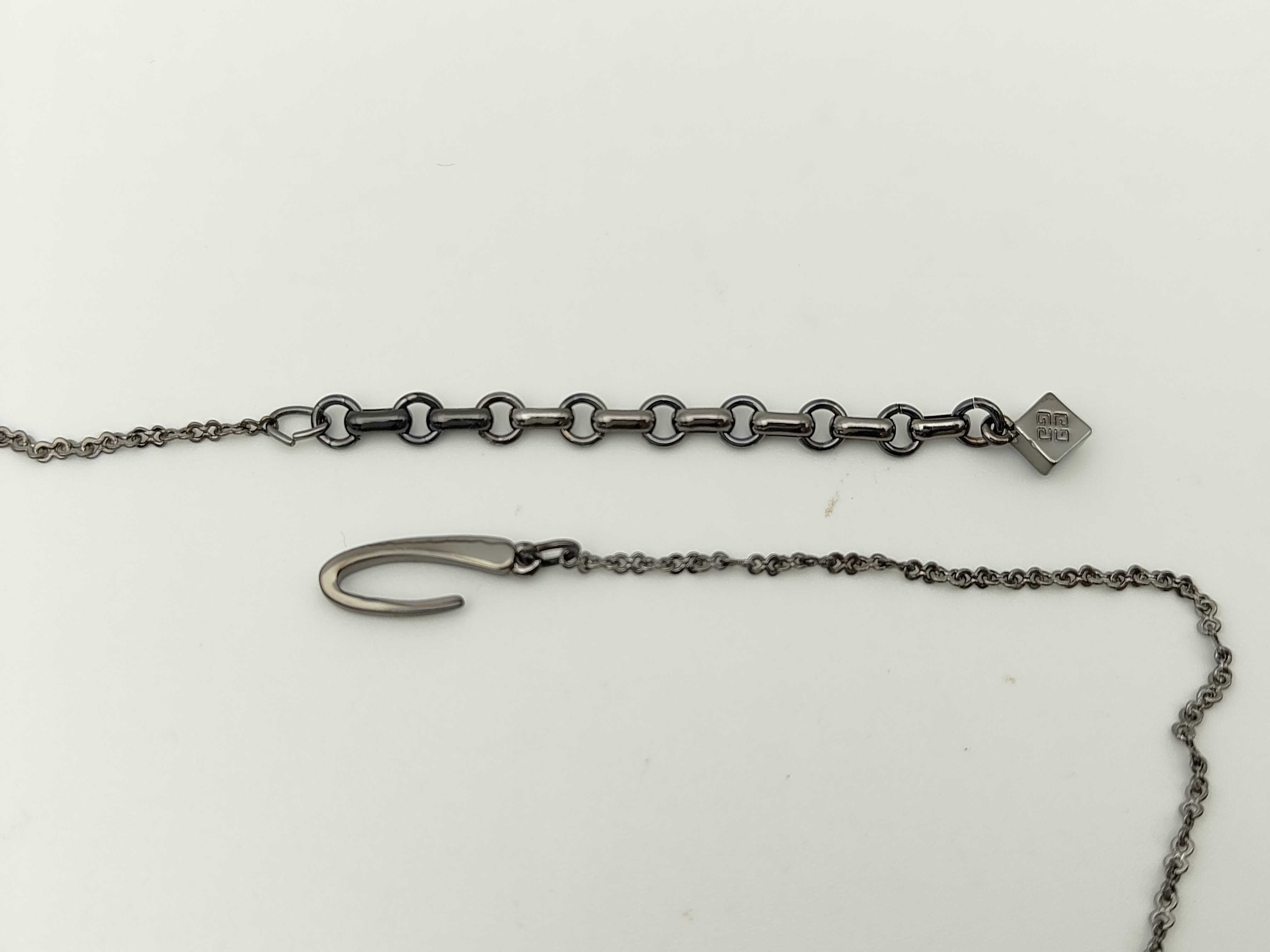 Y-shaped drop necklace with blue and green stones in gunmetal, dark silver, and black silver. — view 4
