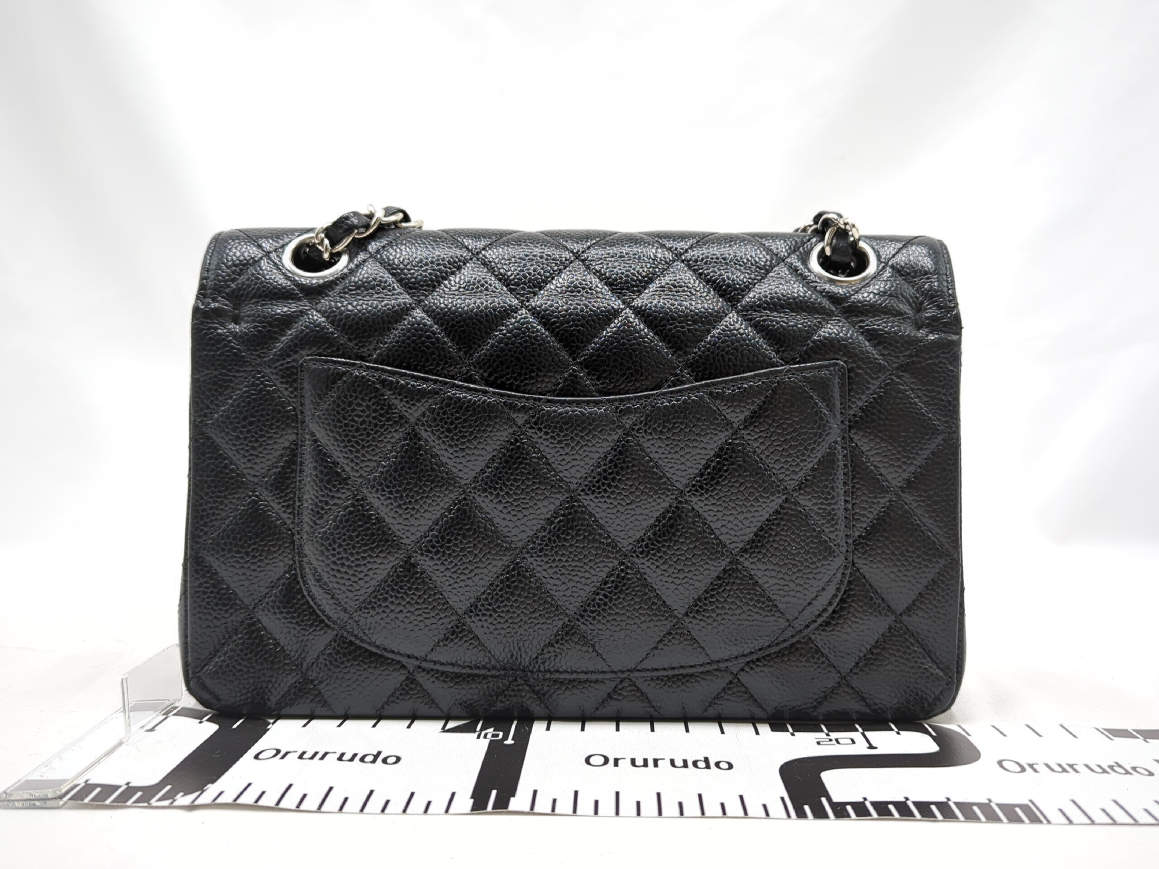 Caviar Skin Double Flap Shoulder Bag, Size 23, Black, Silver Hardware, Serial Number 23 — view 2