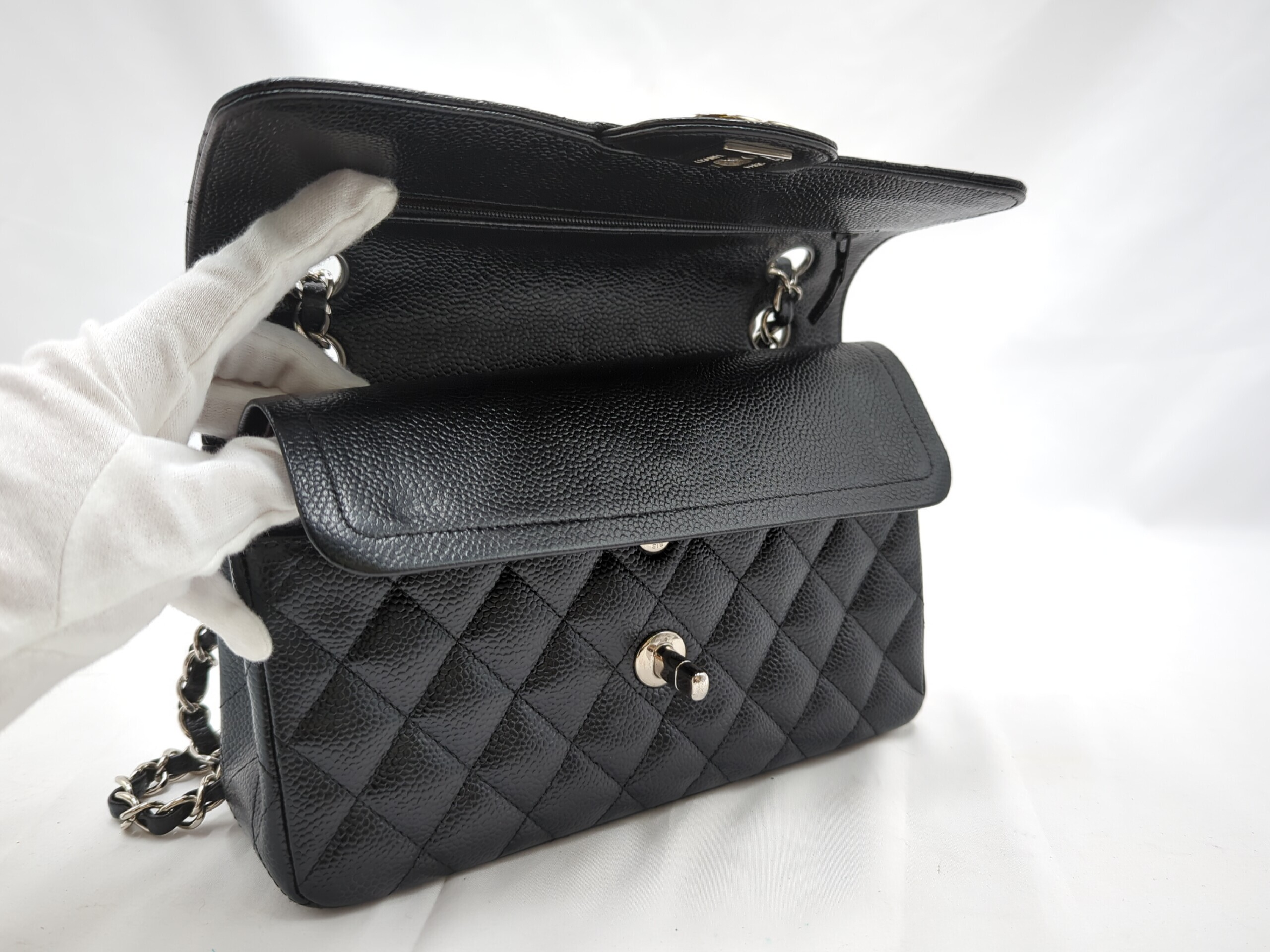 Caviar Skin Double Flap Shoulder Bag, Size 23, Black, Silver Hardware, Serial Number 23 — view 9