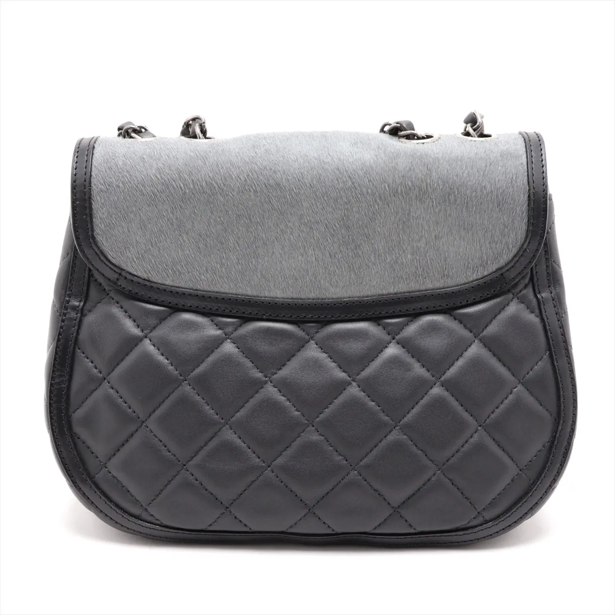 Matelassé Calf Hair x Lambskin Single Flap Double Chain Bag, Gray x Black, Gunmetal Hardware, 21216656, Serial Number 21 — view 2
