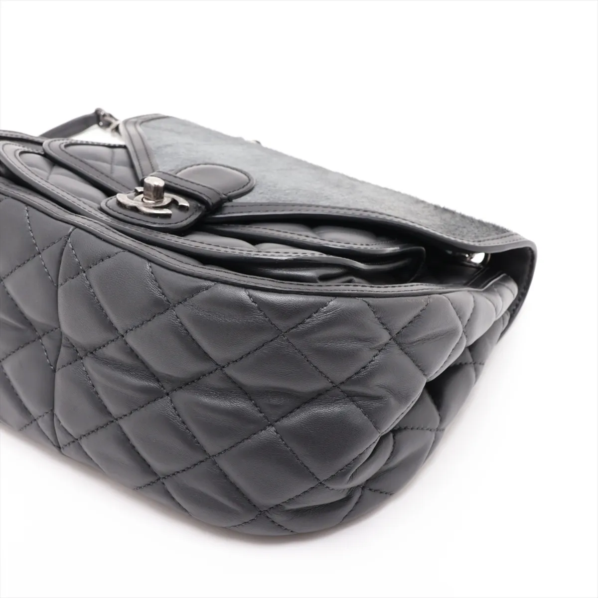 Matelassé Calf Hair x Lambskin Single Flap Double Chain Bag, Gray x Black, Gunmetal Hardware, 21216656, Serial Number 21 — view 3