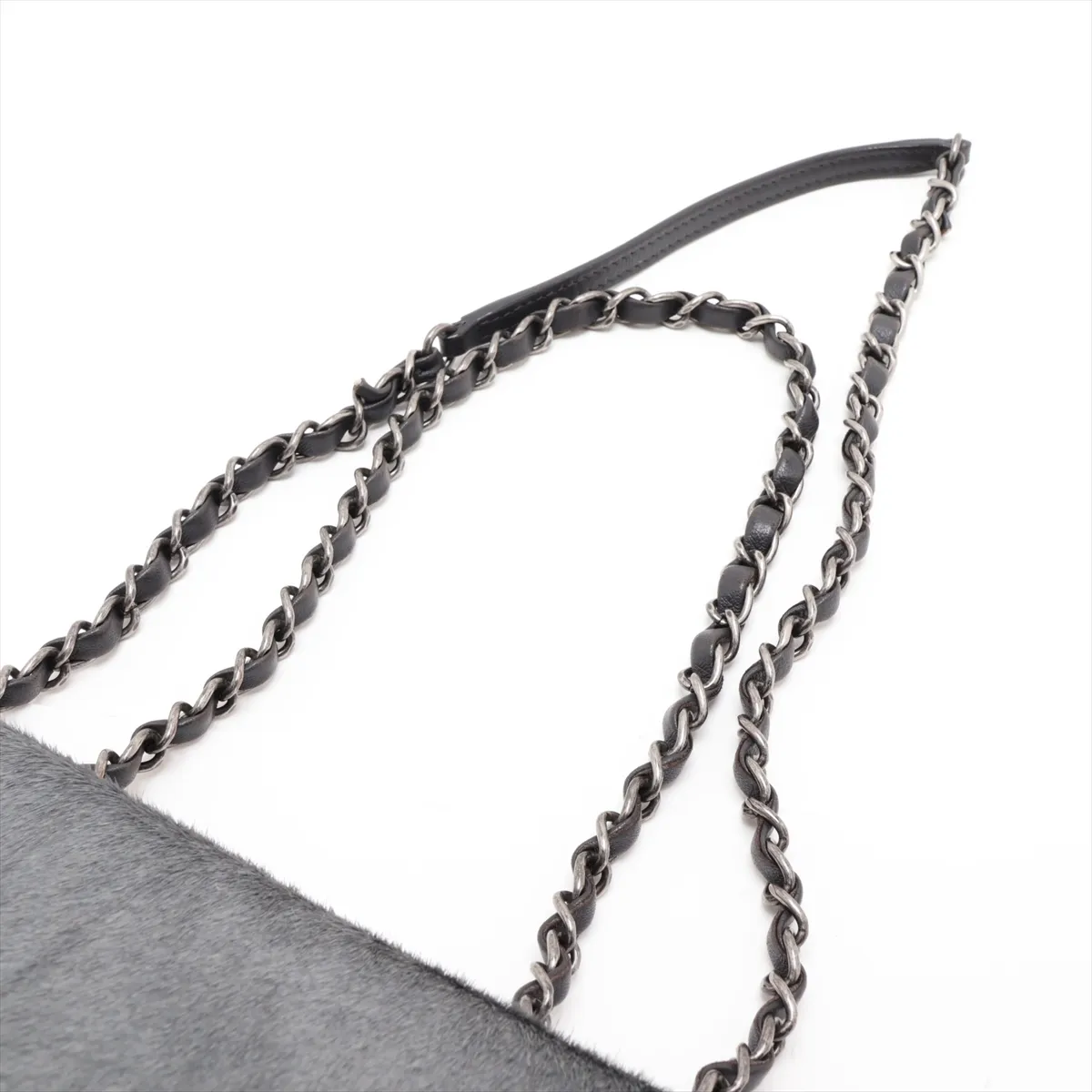 Matelassé Calf Hair x Lambskin Single Flap Double Chain Bag, Gray x Black, Gunmetal Hardware, 21216656, Serial Number 21 — view 5