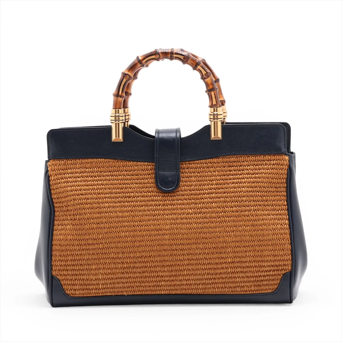 Bamboo Raffia x Leather 2-Way Handbag, Brown x Navy, 655657 — view 2