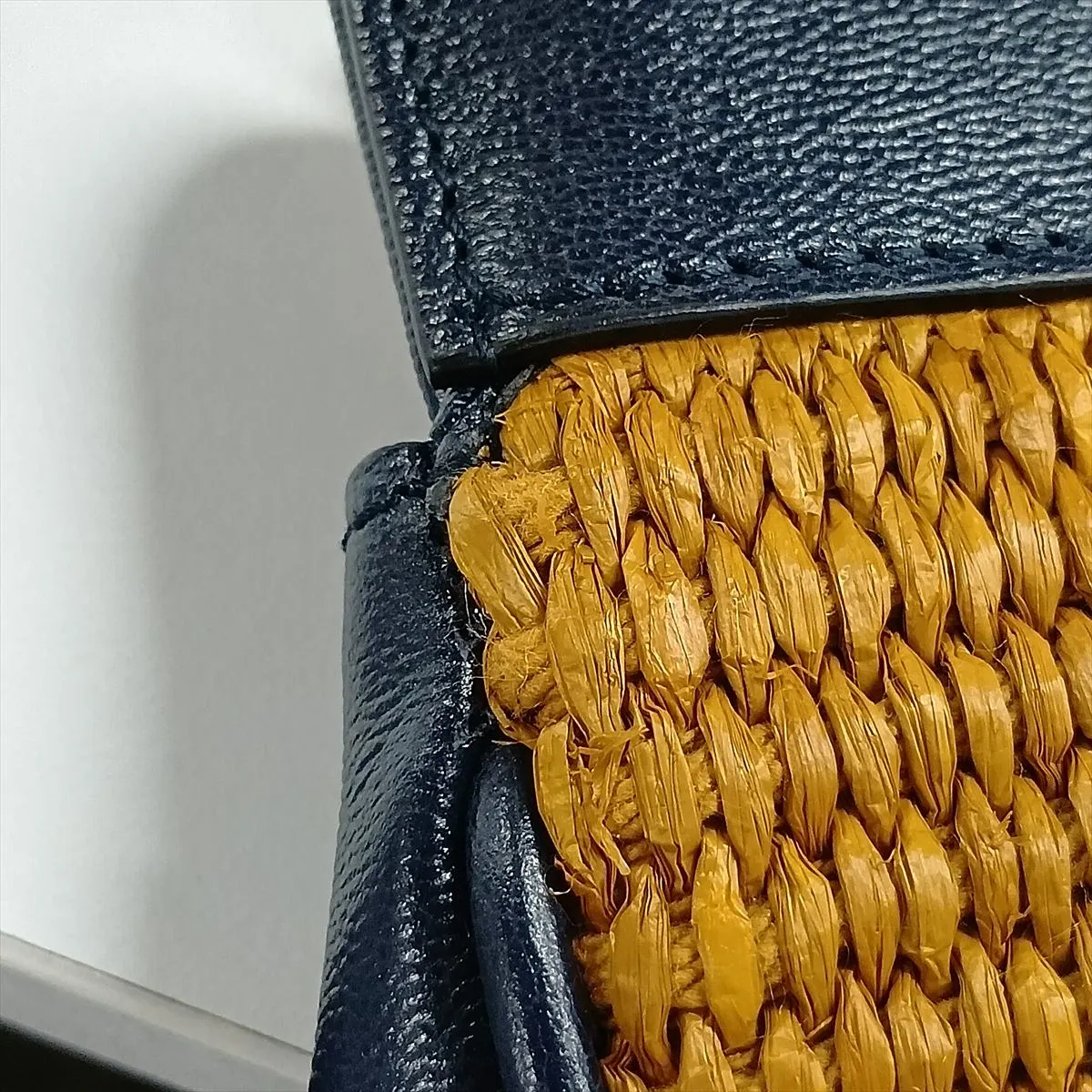 Bamboo Raffia x Leather 2-Way Handbag, Brown x Navy, 655657 — view 13
