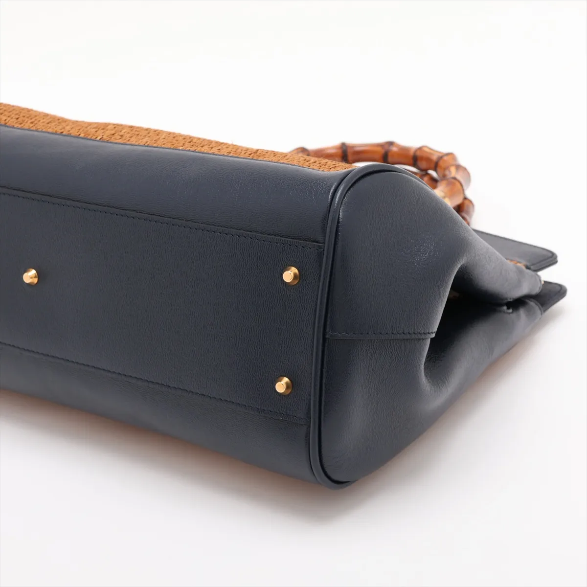 Bamboo Raffia x Leather 2-Way Handbag, Brown x Navy, 655657 — view 3