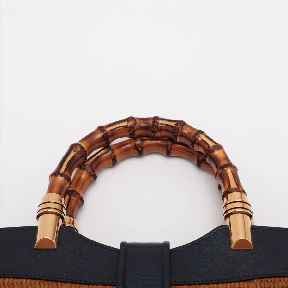 Bamboo Raffia x Leather 2-Way Handbag, Brown x Navy, 655657 — view 6