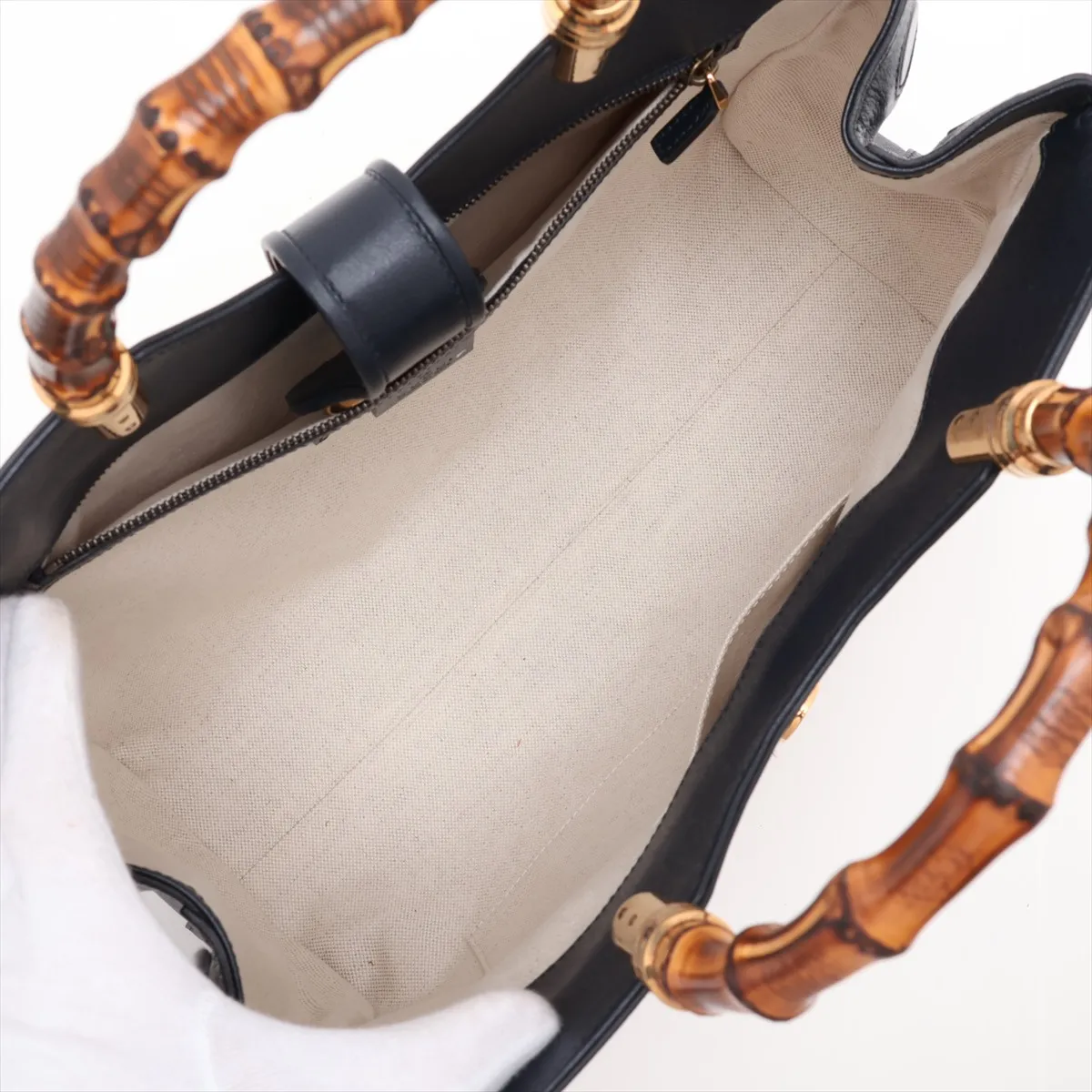 Bamboo Raffia x Leather 2-Way Handbag, Brown x Navy, 655657 — view 8