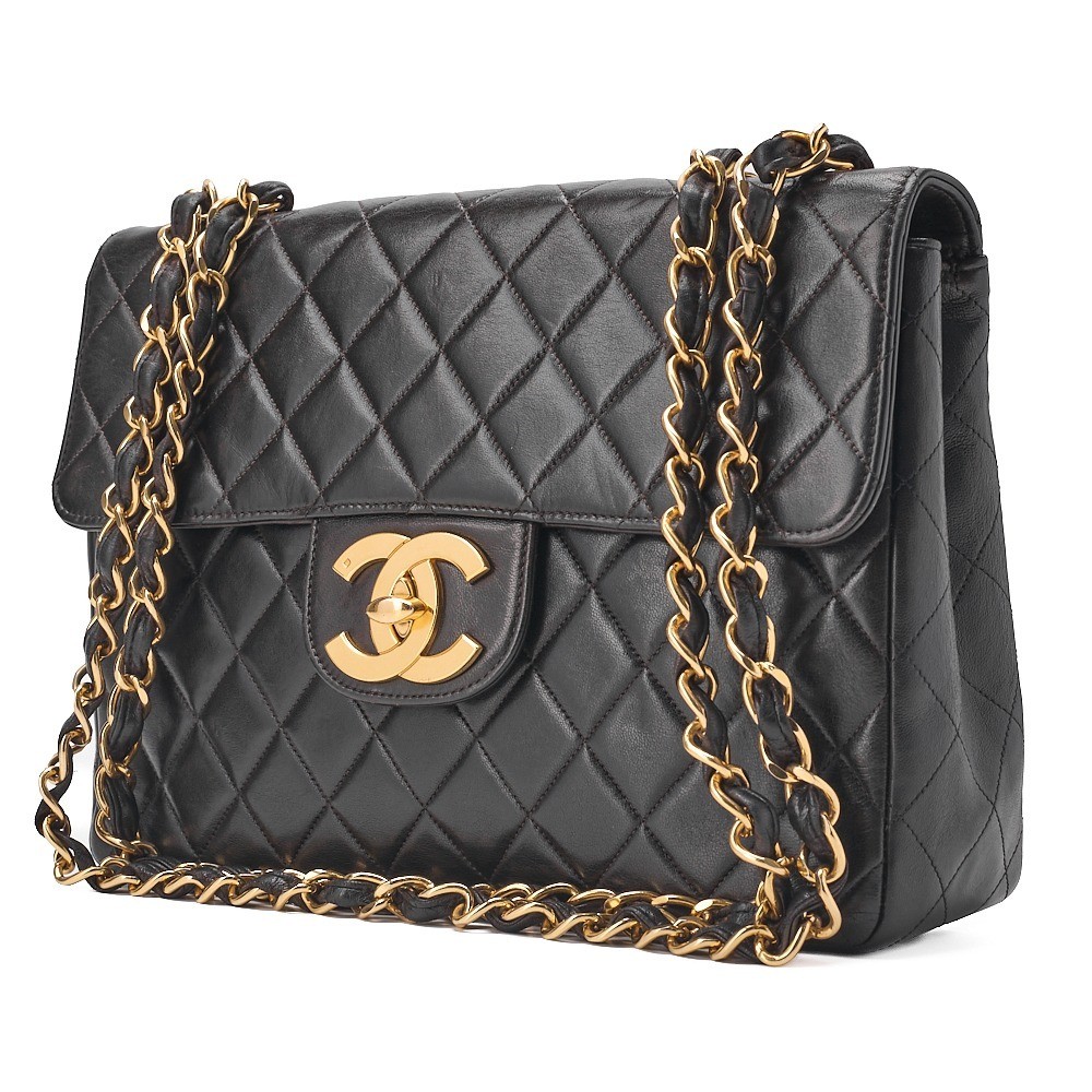 Lambskin large matelassé single chain shoulder bag, black, gold hardware. — view 3
