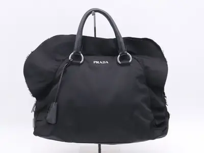 Nylon logo frill tote bag, black, with padlock, 2 keys, and clochette.
