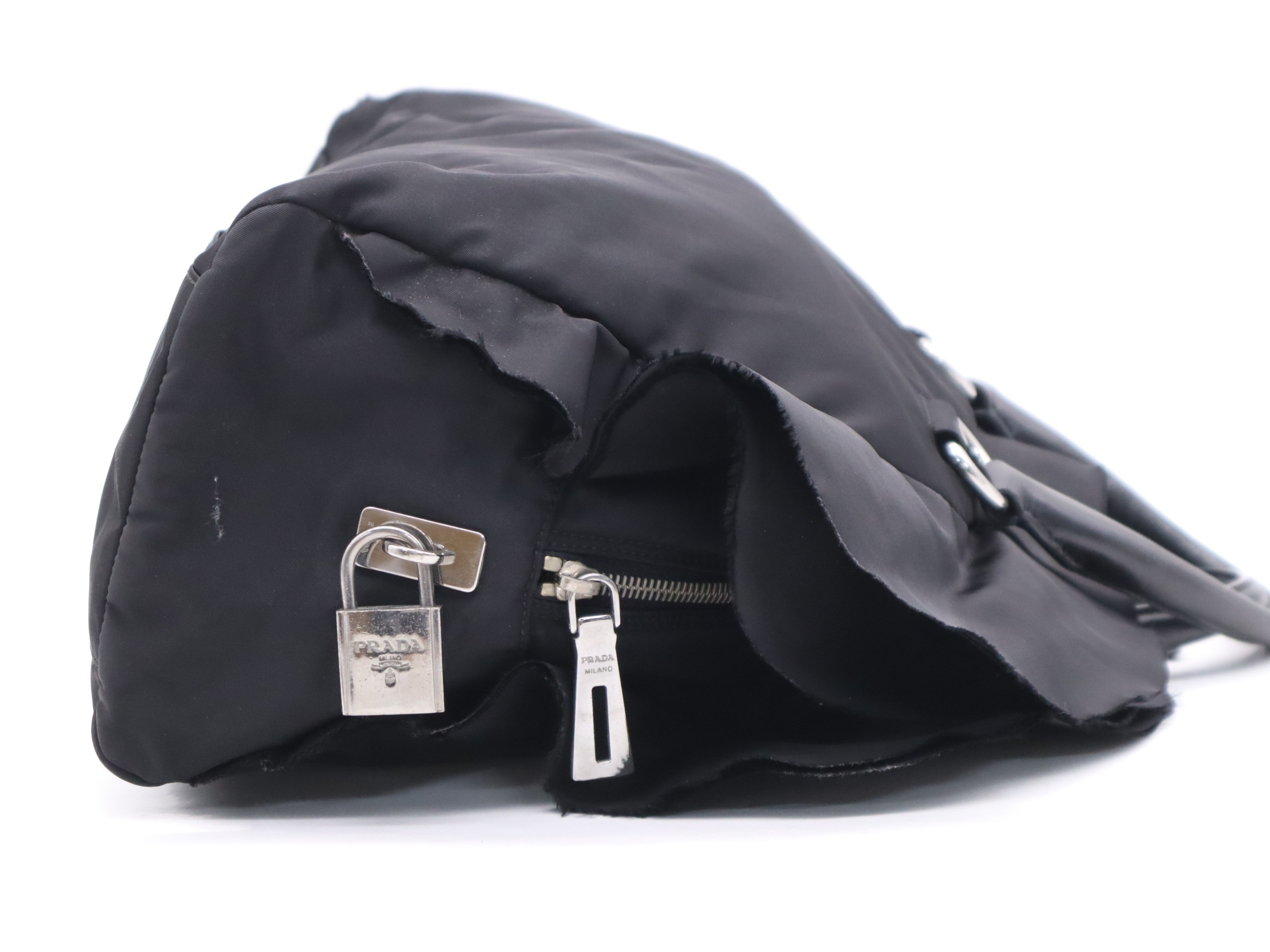 Nylon logo frill tote bag, black, with padlock, 2 keys, and clochette. — view 5