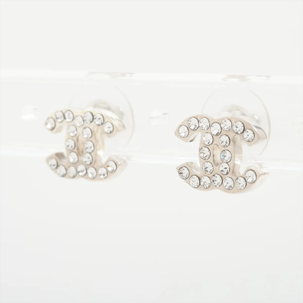 Coco Mark 08V Earrings (Pair) Metal x Rhinestone Silver. Shows signs of wear, — view 3