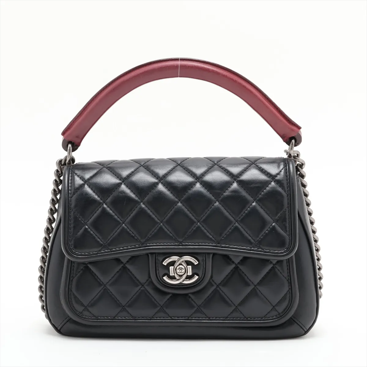 Matelassé Leather 2-Way Shoulder Bag, Black x Red, Gunmetal Hardware