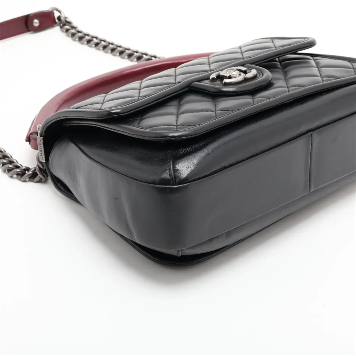 Matelassé Leather 2-Way Shoulder Bag, Black x Red, Gunmetal Hardware — view 4