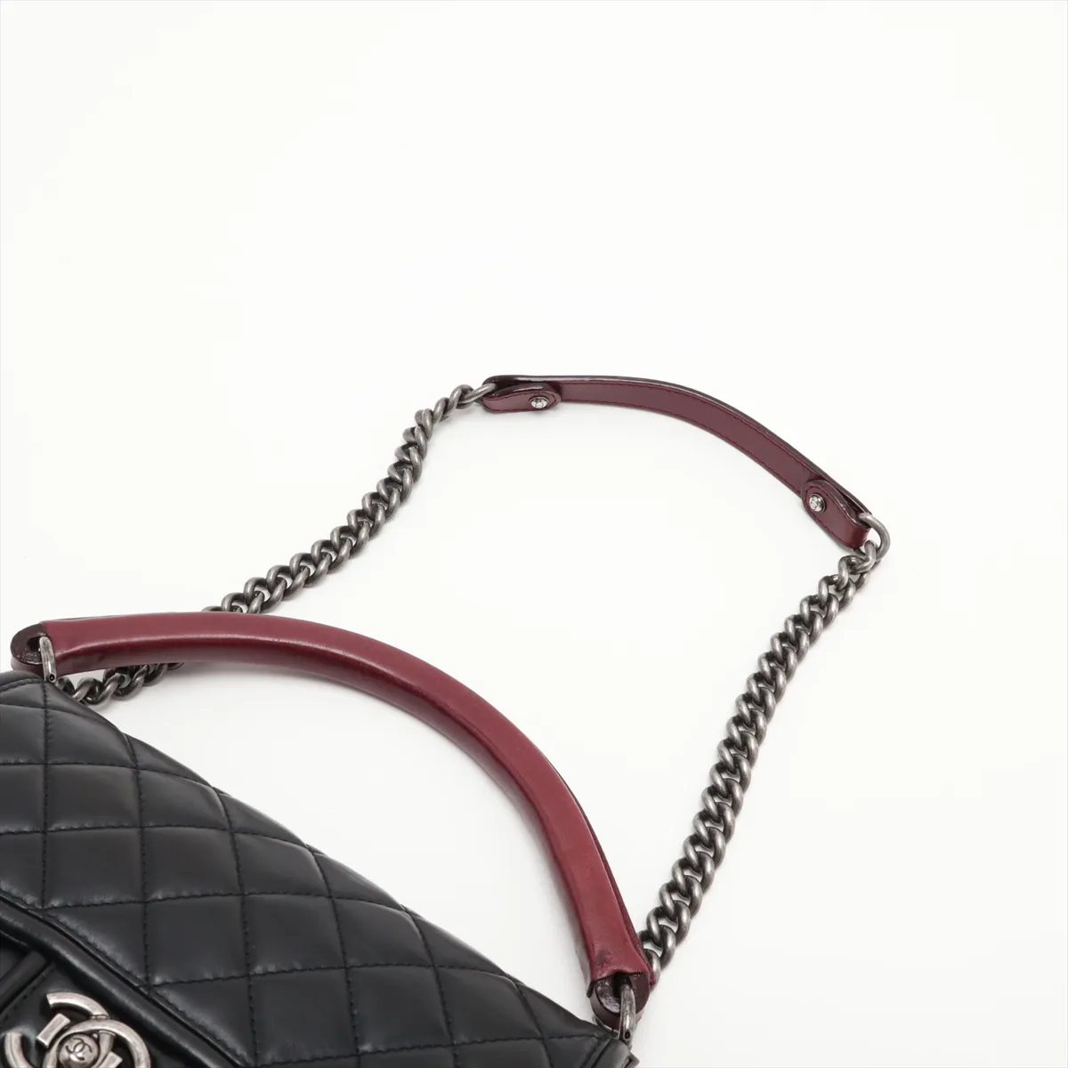 Matelassé Leather 2-Way Shoulder Bag, Black x Red, Gunmetal Hardware — view 7