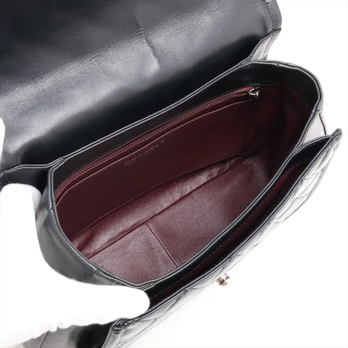 Matelassé Leather 2-Way Shoulder Bag, Black x Red, Gunmetal Hardware — view 8
