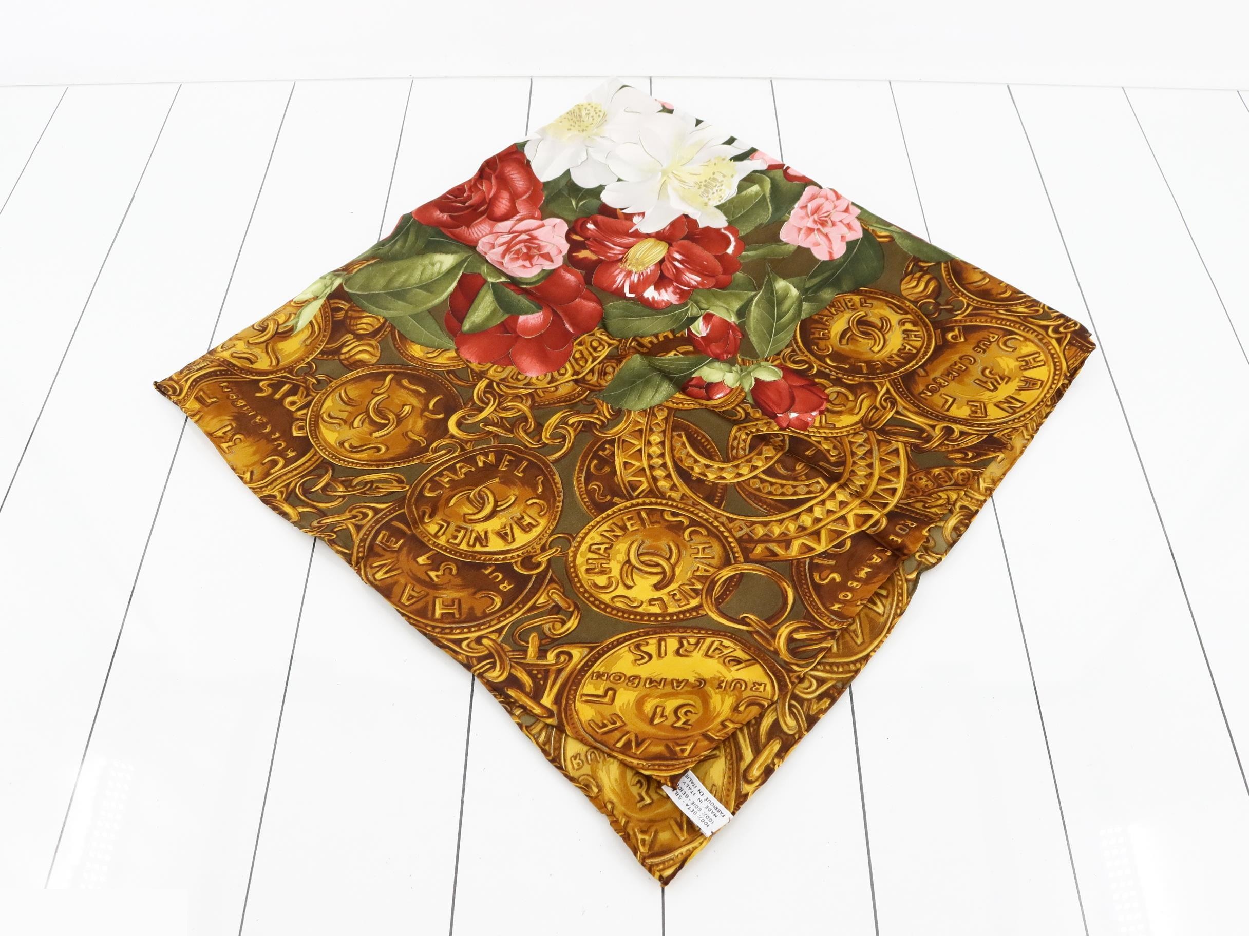 Coco Mark Flower Vintage Large Silk Scarf with Tag and Case — view 2