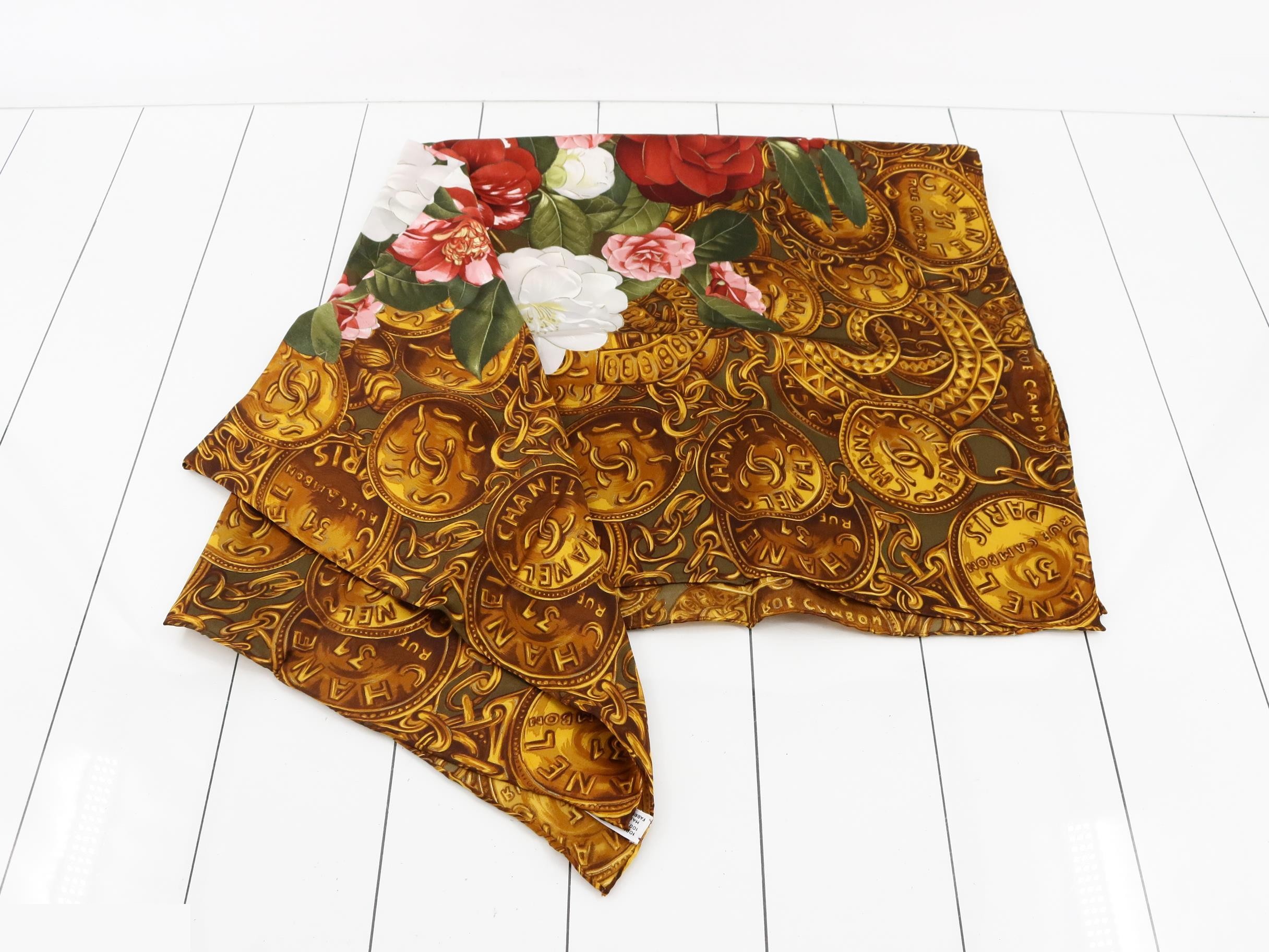 Coco Mark Flower Vintage Large Silk Scarf with Tag and Case — view 3