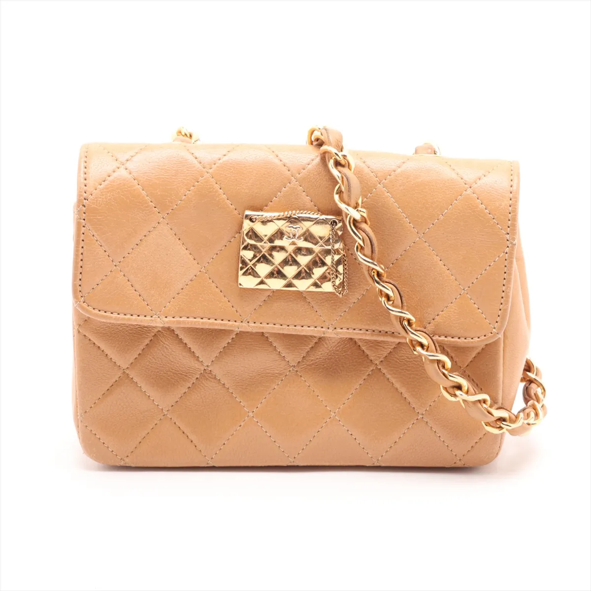 Mini Matelassé Lambskin Chain Shoulder Bag, Push Lock, Beige, Gold Hardware, 338004, Series 3