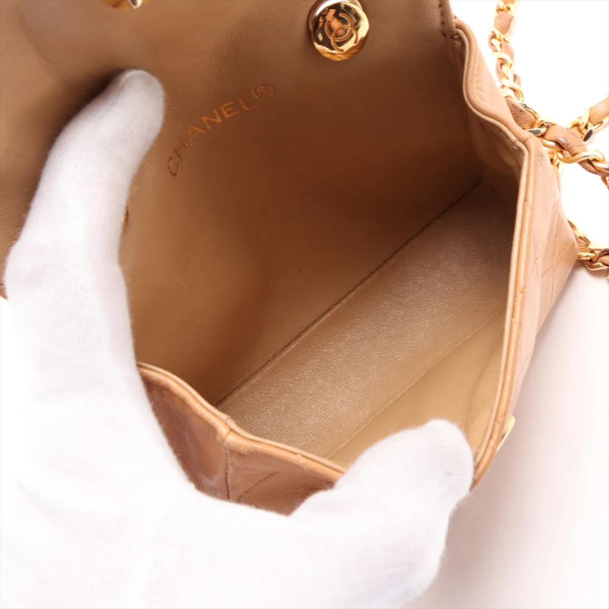 Mini Matelassé Lambskin Chain Shoulder Bag, Push Lock, Beige, Gold Hardware, 338004, Series 3 — view 6