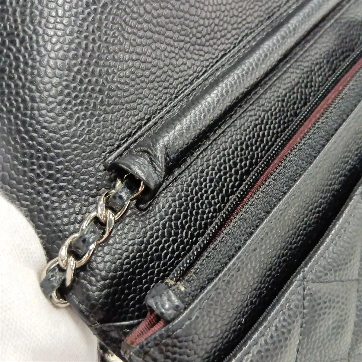 Matelassé Caviar Skin Chain Wallet, Black with Silver Hardware, 25892350 (Serial Number , AP0250) — view 12