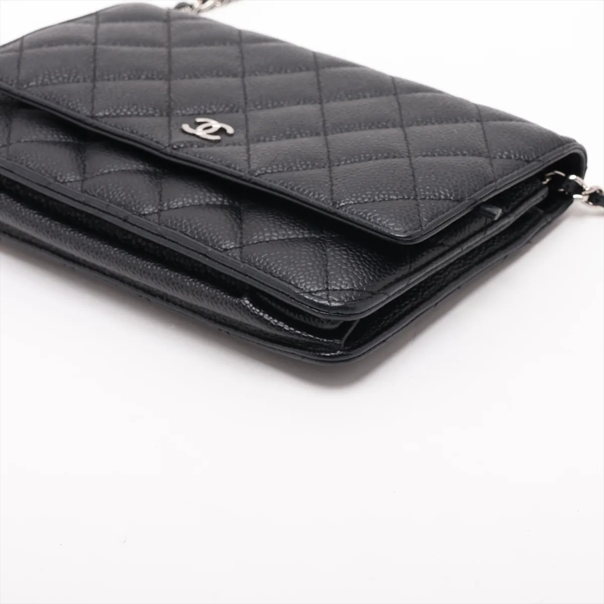 Matelassé Caviar Skin Chain Wallet, Black with Silver Hardware, 25892350 (Serial Number , AP0250) — view 3