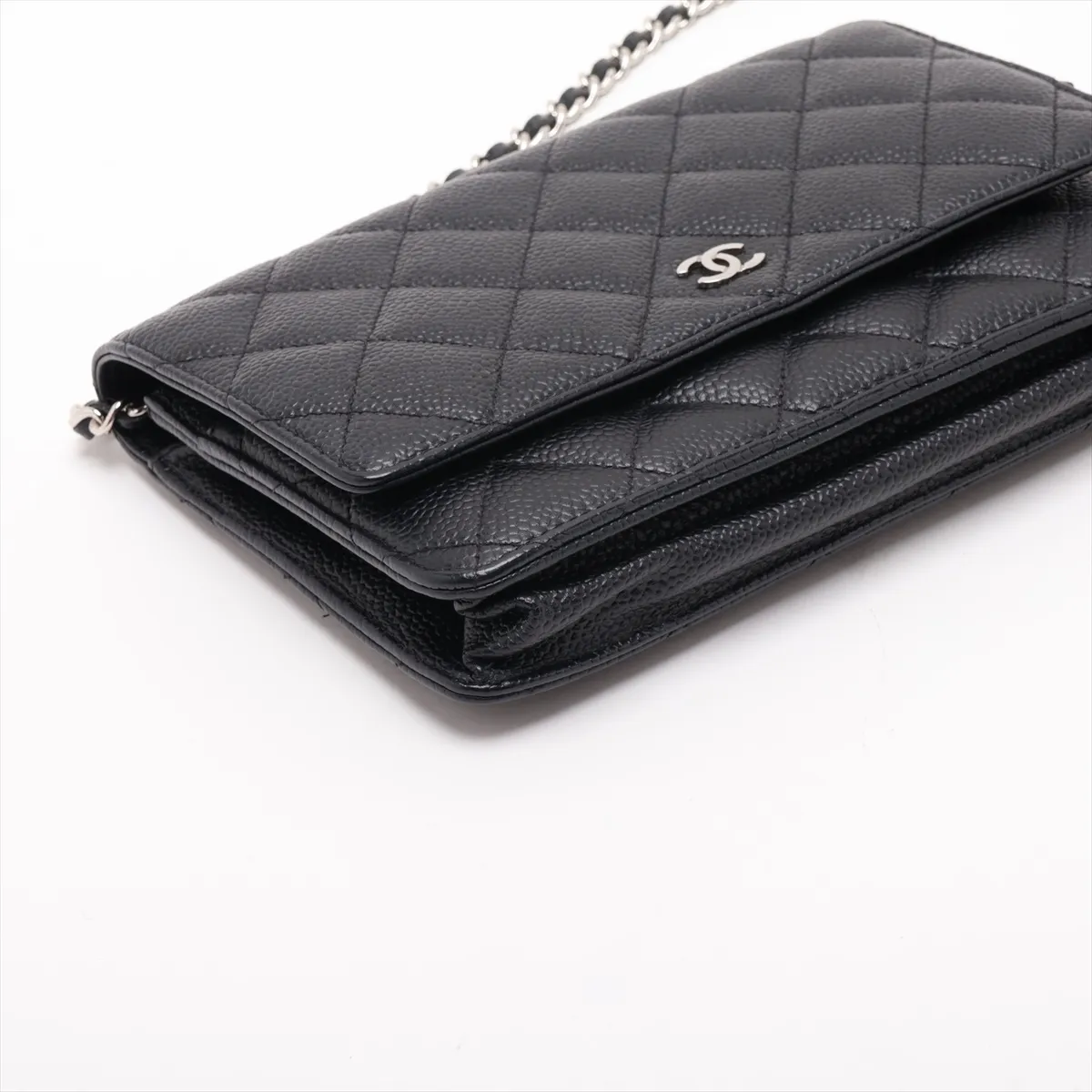 Matelassé Caviar Skin Chain Wallet, Black with Silver Hardware, 25892350 (Serial Number , AP0250) — view 4