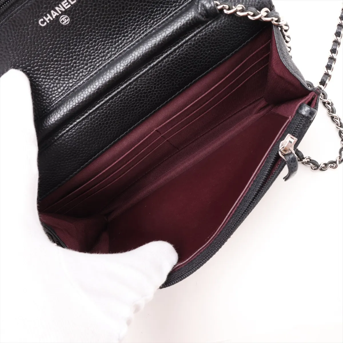 Matelassé Caviar Skin Chain Wallet, Black with Silver Hardware, 25892350 (Serial Number , AP0250) — view 6