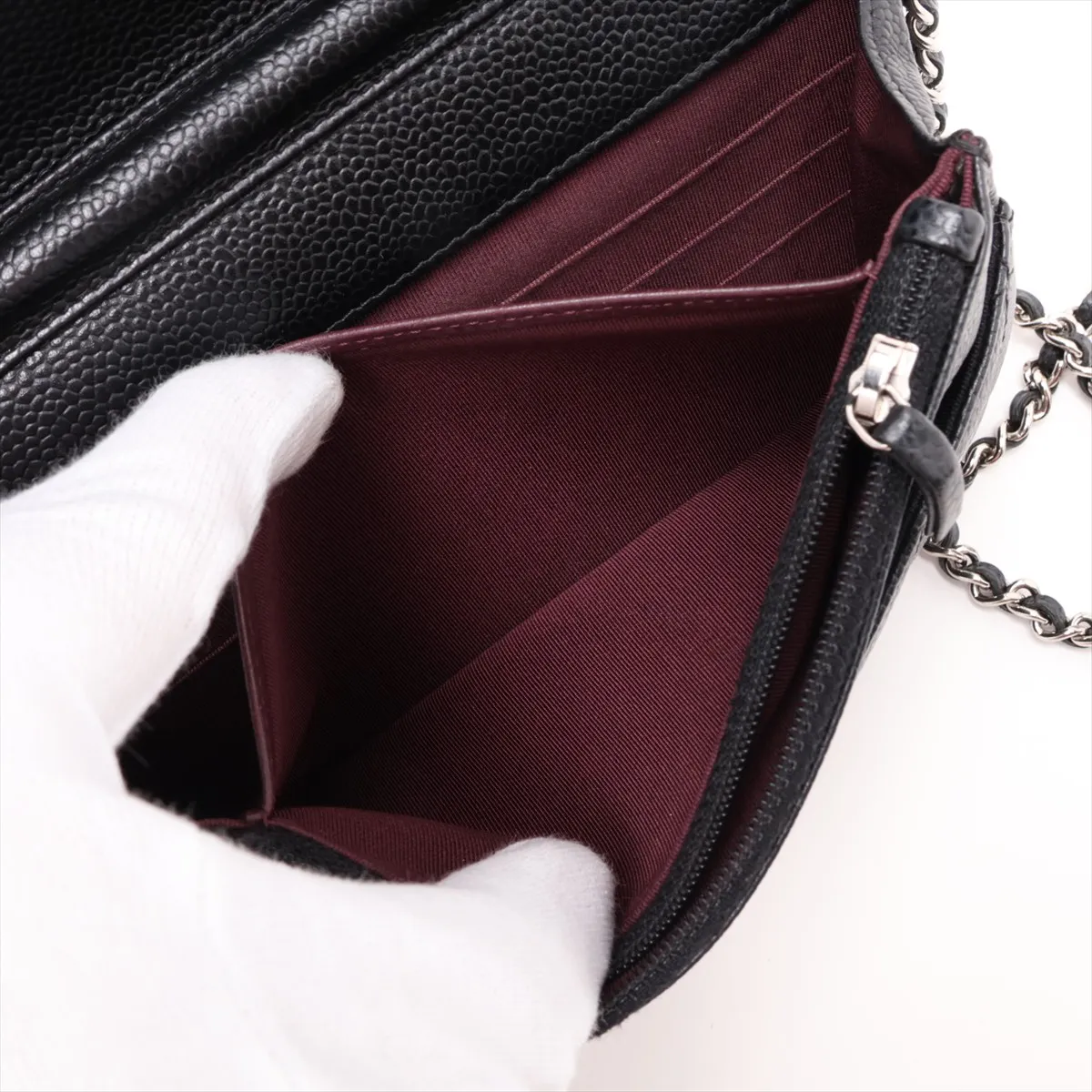 Matelassé Caviar Skin Chain Wallet, Black with Silver Hardware, 25892350 (Serial Number , AP0250) — view 7