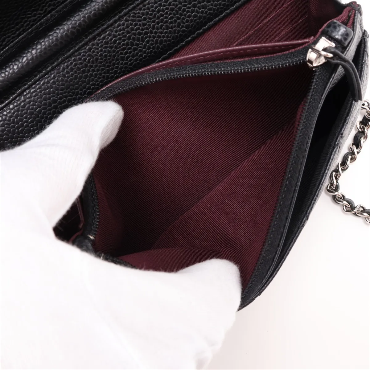 Matelassé Caviar Skin Chain Wallet, Black with Silver Hardware, 25892350 (Serial Number , AP0250) — view 8