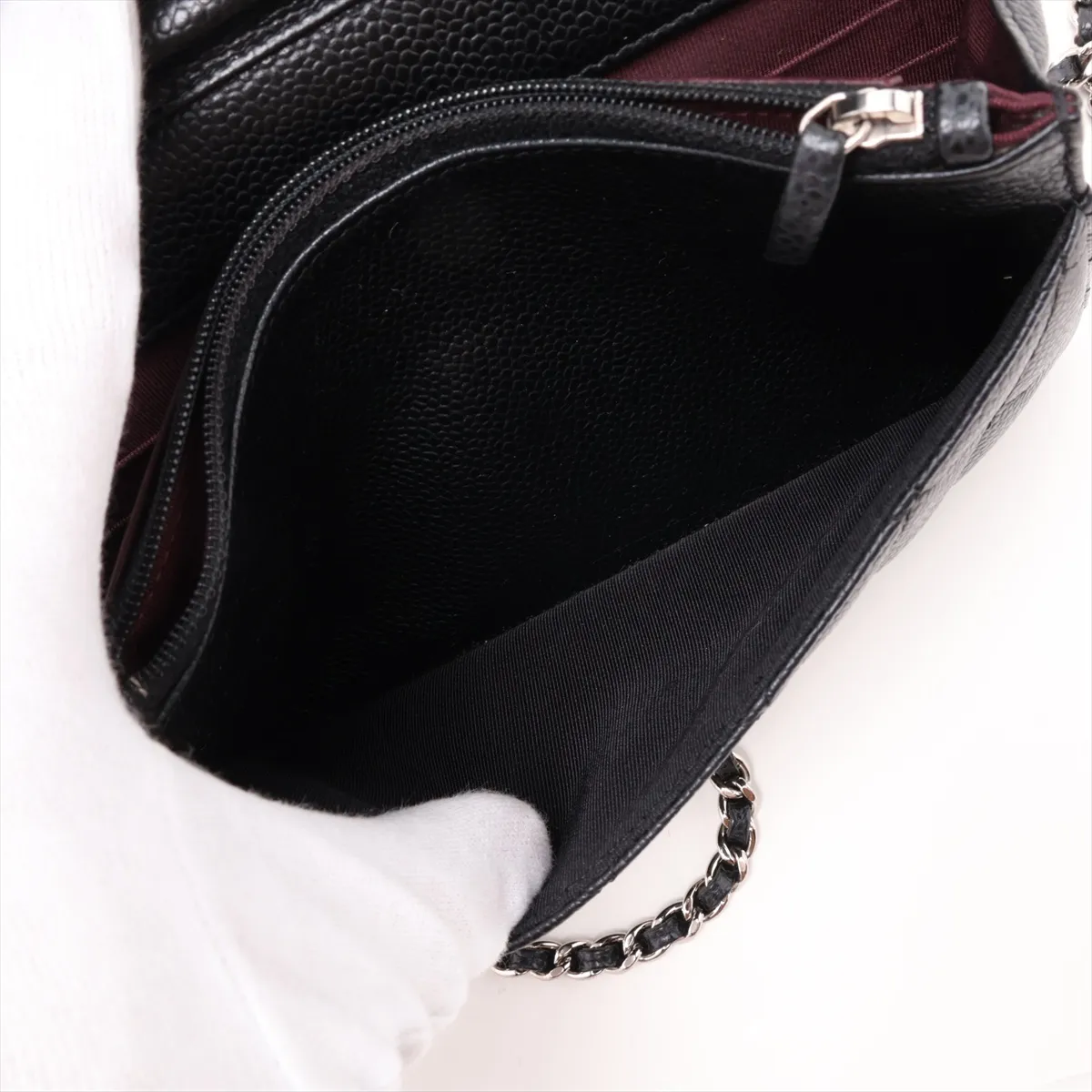 Matelassé Caviar Skin Chain Wallet, Black with Silver Hardware, 25892350 (Serial Number , AP0250) — view 9