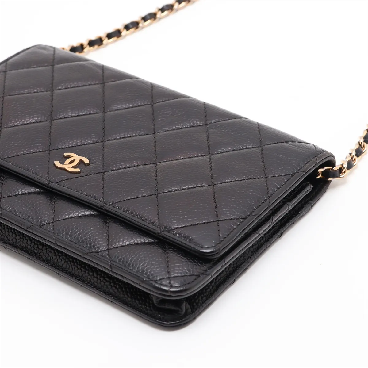 Matelassé Caviar Skin Chain Wallet, Black with Gold Hardware, 22363251, Serial Number , AP0250 — view 3
