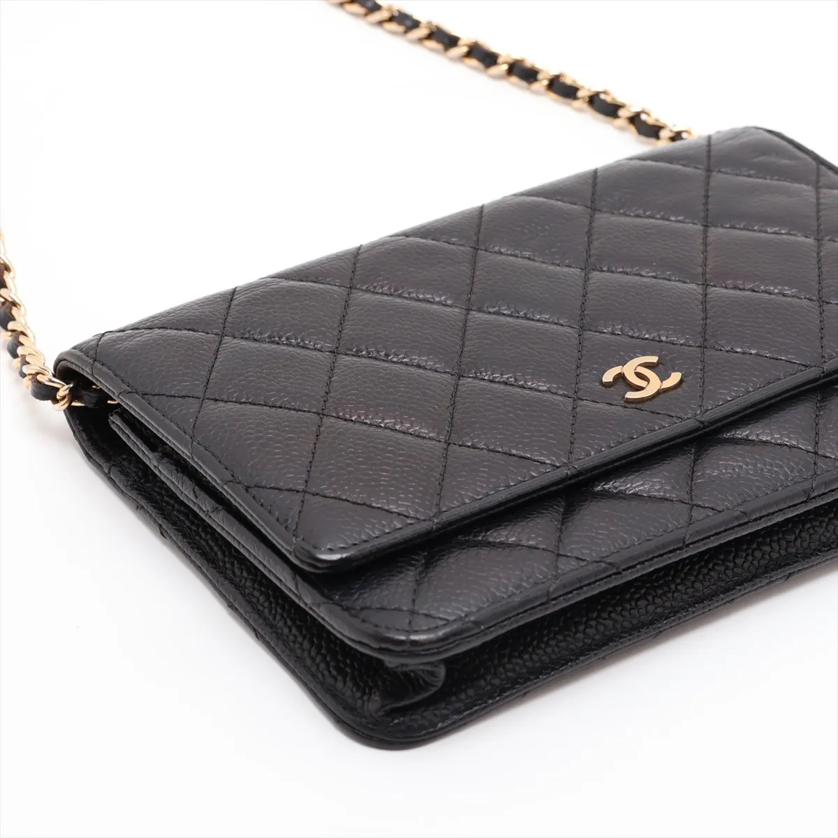 Matelassé Caviar Skin Chain Wallet, Black with Gold Hardware, 22363251, Serial Number , AP0250 — view 4