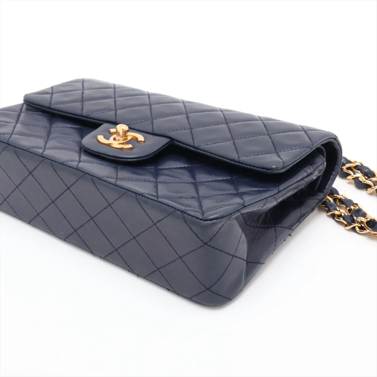 [Individually packaged] Chanel Matelassé 23 Small Lambskin Double Flap Double Chain Bag, Navy, Gold Hardware, 1009392, Series 1, A01113 — view 3