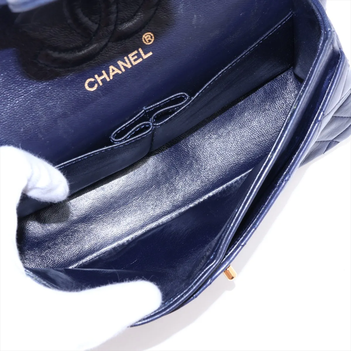 [Individually packaged] Chanel Matelassé 23 Small Lambskin Double Flap Double Chain Bag, Navy, Gold Hardware, 1009392, Series 1, A01113 — view 7