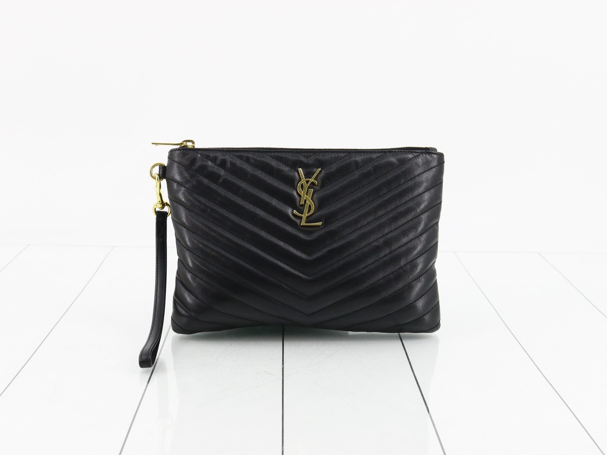 Leather Quilted Clutch Bag with Brand Logo, Black