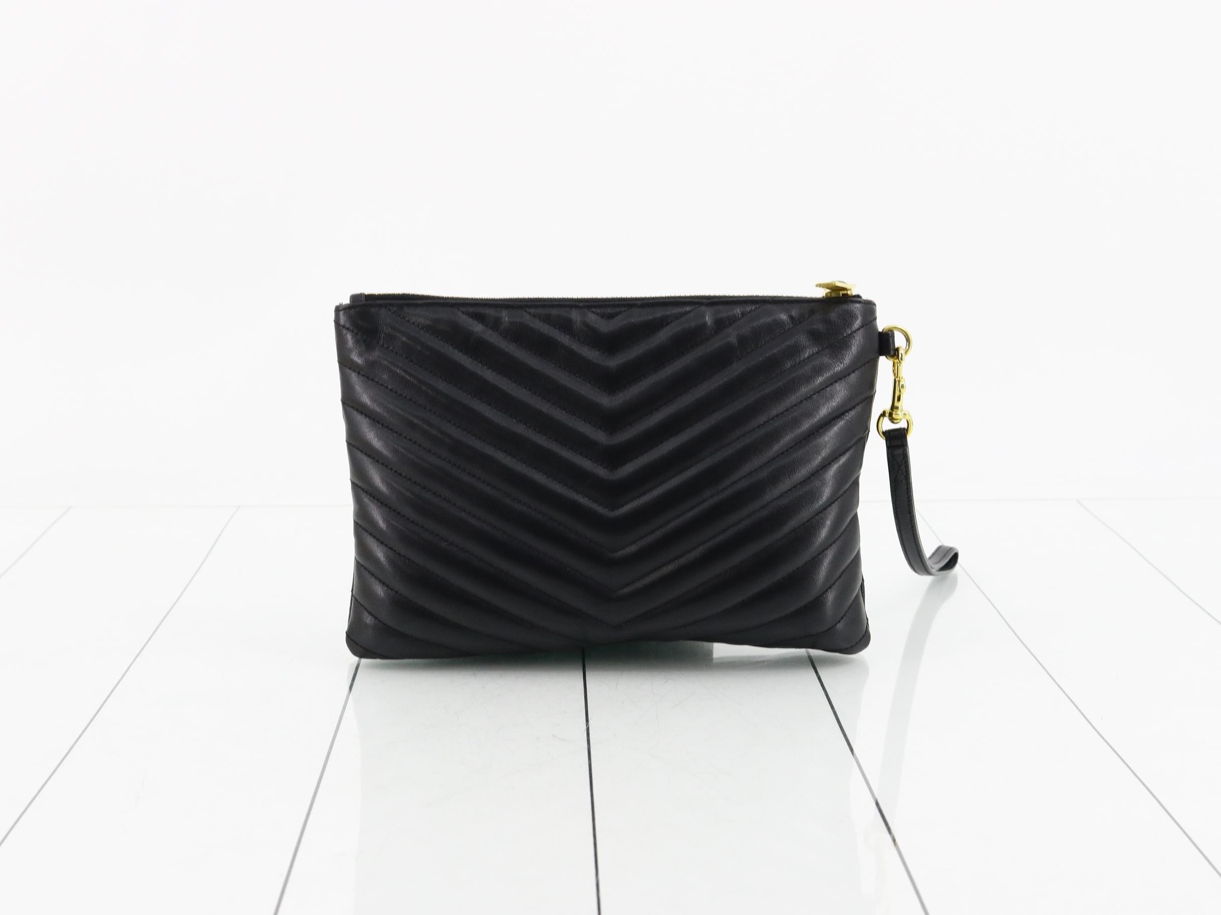 Leather Quilted Clutch Bag with Brand Logo, Black — view 2