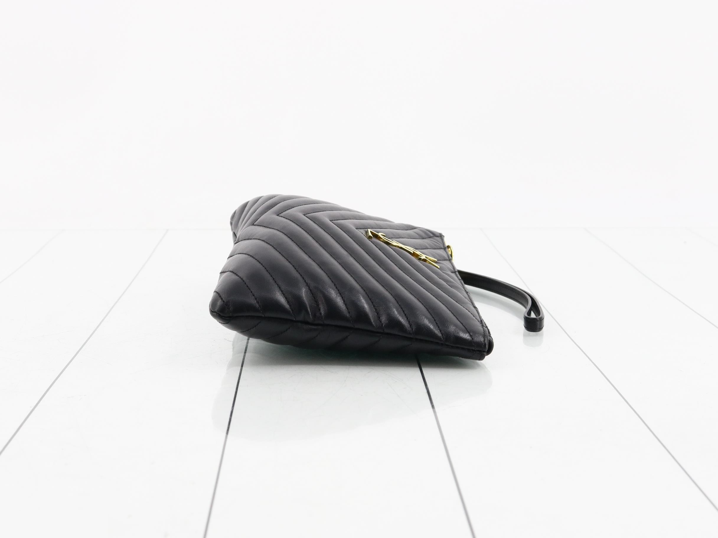 Leather Quilted Clutch Bag with Brand Logo, Black — view 3